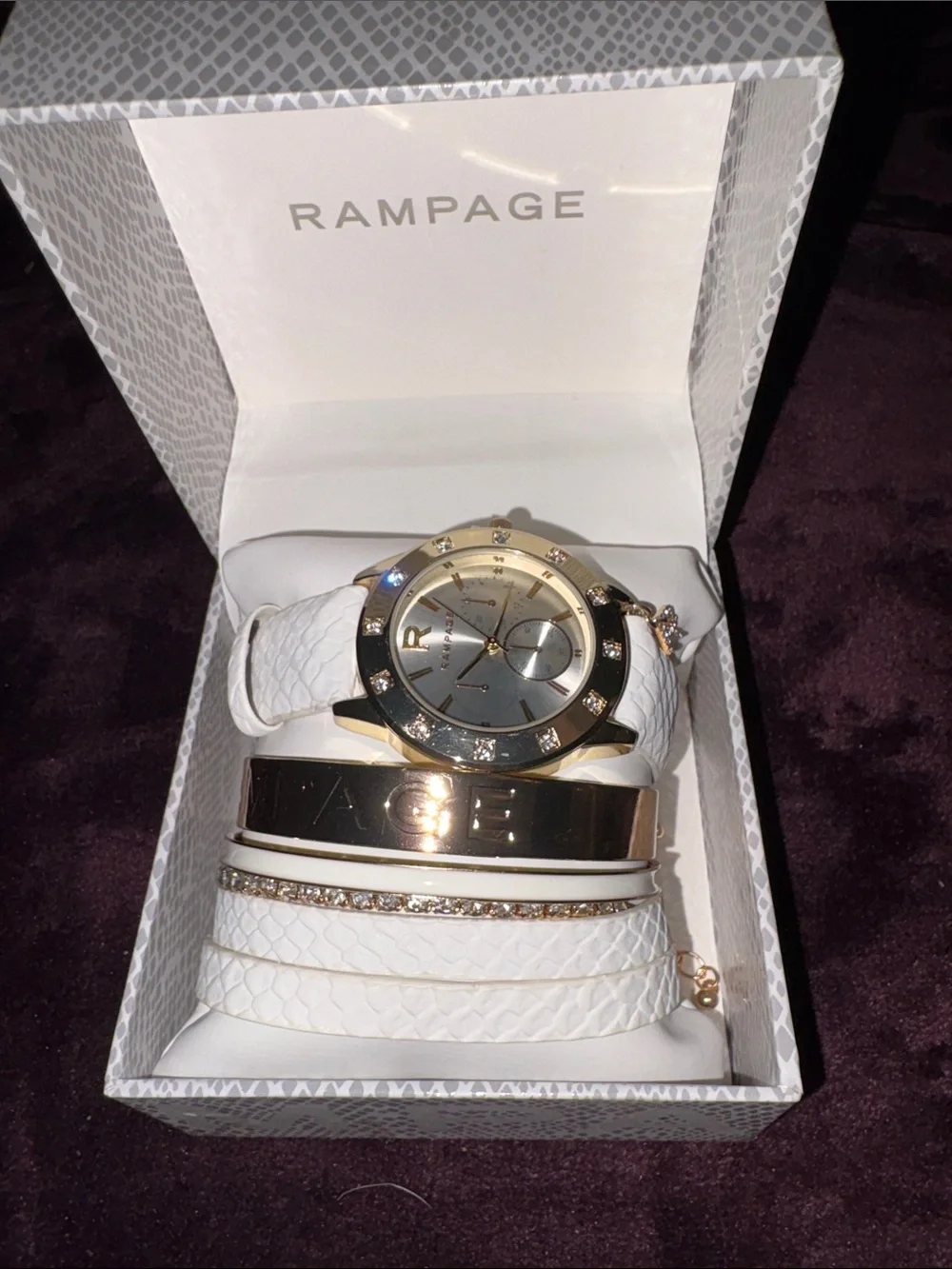 NWT Rampage White and Gold Crystal Accentq Watch & Bracelet Set